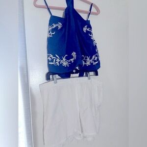 Royal blue halter set with white shorts